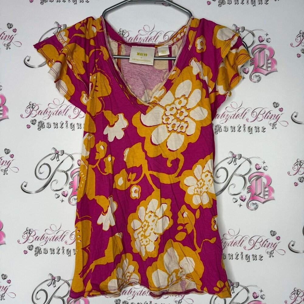 Maeve by Anthropologie tshirt floral psychedelic orange pink white ruffle frills